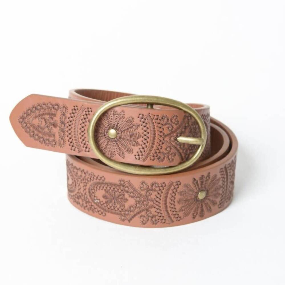 NEW LETO women's floral embroidered belt in camel